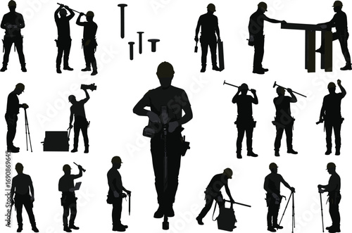 Silhouette construction workers with tools, drills, hammers, bolts, and survey equipment, industrial labor job site vector illustration set