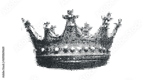 Halftone style regal crown graphic on transparent. Vector hand drawn illustration