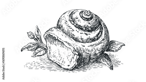 Sketch of a seashell with leaves and buds on a transparent. Vector hand drawn illustration