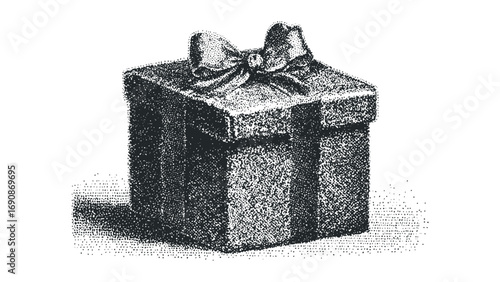Gift box with bow, stippled monochromatic graphic on white. Vector hand drawn illustration