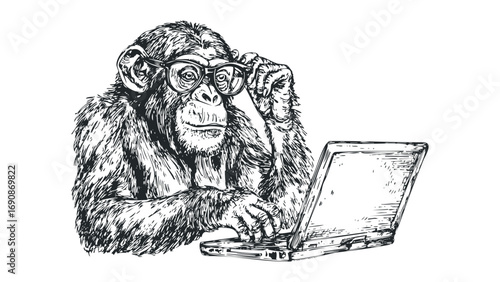 Chimpanzee wearing glasses typing on laptop, hand-drawn sketch. Vector hand drawn illustration