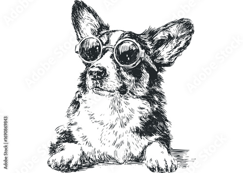 Sketch of a Corgi dog wearing round spectacles, file. Vector hand drawn illustration