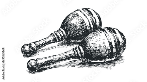 Two wooden pestles with striped heads on a transparent background. Vector hand drawn illustration