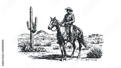 Cowboy on horseback in a desert landscape with saguaro cactus and mountains. Vector hand drawn illustration