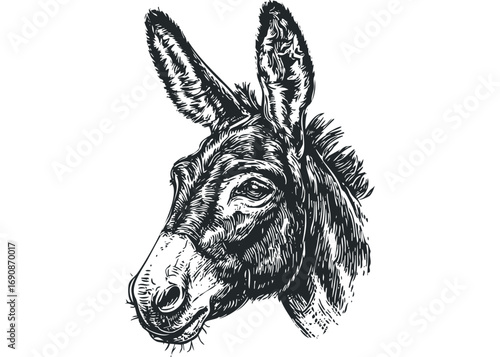 Pencil sketch portrait of a donkey's head on transparent background. Vector hand drawn illustration