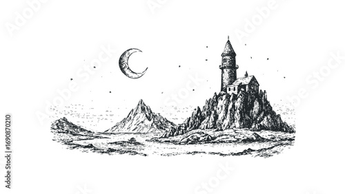 Pencil sketch of a castle on a rocky island under a crescent moon. Vector hand drawn illustration