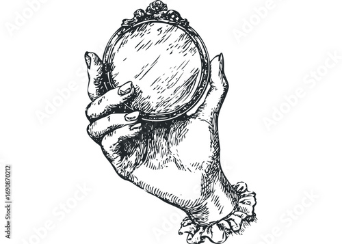Hand holding antique ornate round mirror image. Vector hand drawn illustration