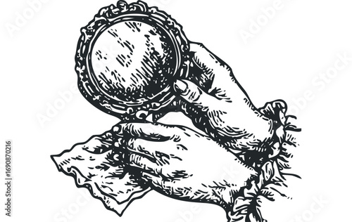 Ornate Handheld Mirror with Fabric. Vector hand drawn illustration