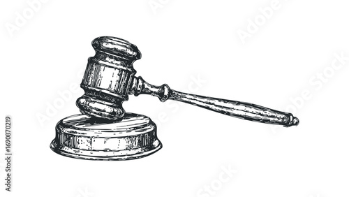 Wooden gavel on its sounding block image. Vector hand drawn illustration
