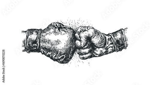 Pair of boxing gloves colliding on transparent background. Vector hand drawn illustration