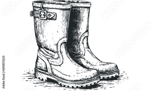 Engraved rubber boots with buckle on transparent background. Vector hand drawn illustration