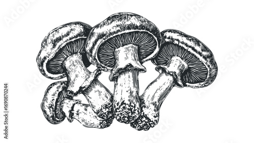 Woodcut Style Mushrooms Isolated. Vector hand drawn illustration