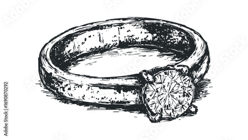 Sketch of a solitary diamond engagement ring on a transparent background. Vector hand drawn illustration