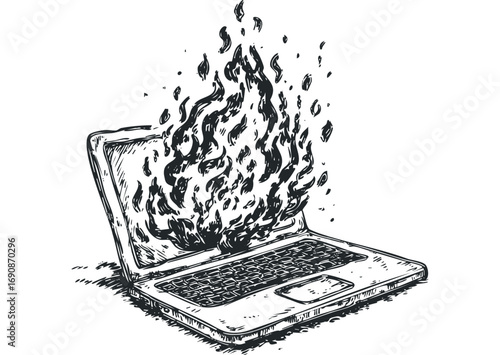 Hand Drawn Laptop Engulfed in Flames Image. Vector hand drawn illustration