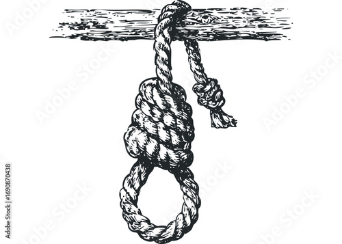Thick twisted rope forming a noose knot suspended from a wooden branch. Vector hand drawn illustration