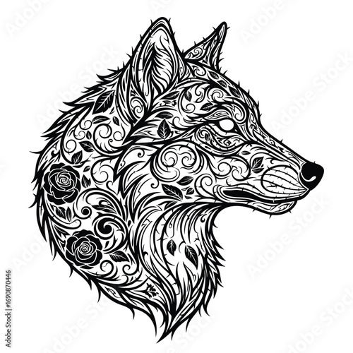 Intricate black and white wolf head illustration with decorative floral rose and leaf patterns.