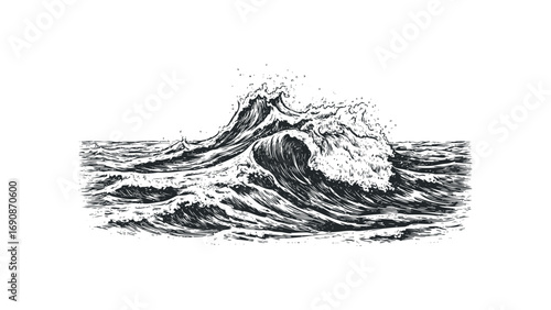 Dynamic ocean wave cresting and crashing in vintage ink sketch style. Vector hand drawn illustration