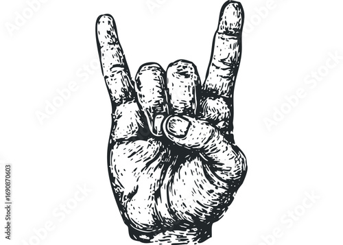 Hand gesture icon symbolizing rock music, heavy metal, and rebellion on transparent background. Vector hand drawn illustration