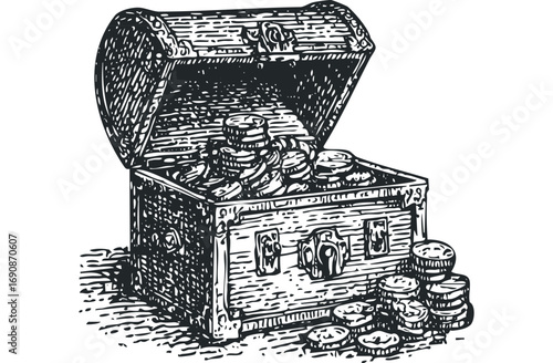 Treasure Chest Overflowing with Coins. Vector hand drawn illustration