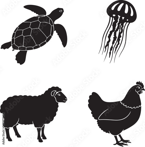 Black and white collection featuring diverse animals from sea to land and farmyard