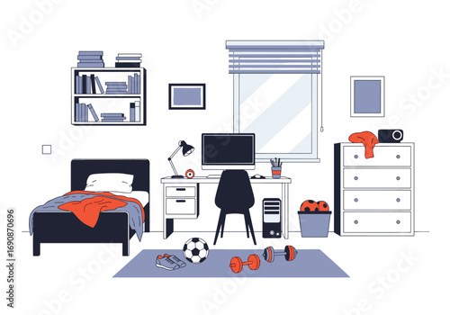 Cozy teenage bedroom with desk bed and sports equipment for a young person
