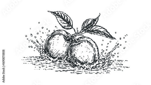 Hand Drawn Peaches with Water Splash and Leaves. Vector hand drawn illustration