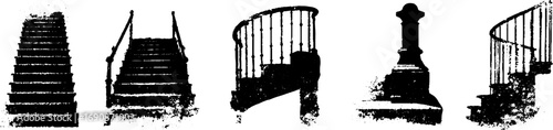 Ornate black and white grunge staircase silhouettes for retro design