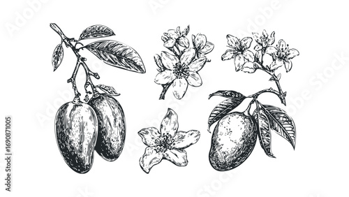 Mango Fruit and Blossom Branch Ink Sketch Transparent Background. Vector hand drawn illustration