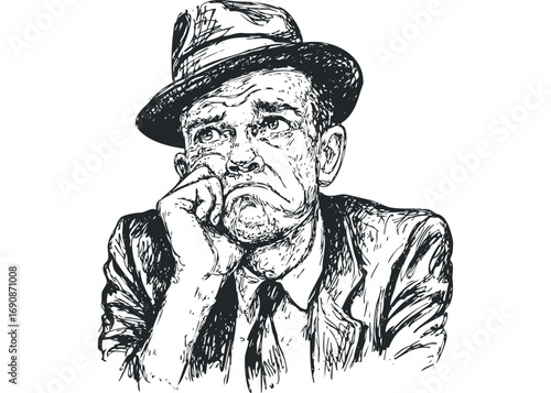 Pen sketch of a man wearing a fedora hat, looking thoughtful and pensive. Vector hand drawn illustration