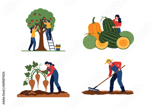 Farm harvest activities gathering seasonal produce garden cultivation and agricultural work