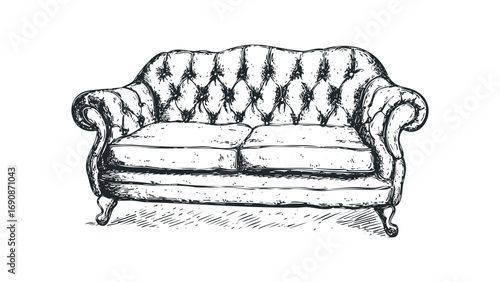 Sketch of a classic upholstered sofa with tufted back on transparent background. Vector hand drawn illustration