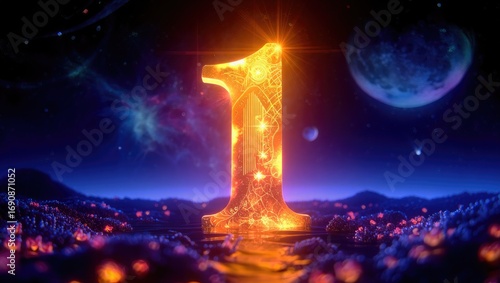 Glowing Golden Number One in Cosmic Landscape image