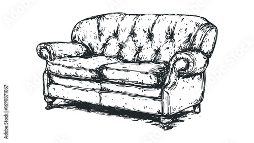 Hand drawn sketch of a tufted loveseat on a transparent background. Vector hand drawn illustration