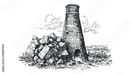 Sketch of old brick furnace next to pile of rubble and distant hills. Vector hand drawn illustration