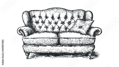 Hand drawn tufted sofa with pillow on transparent background. Vector hand drawn illustration