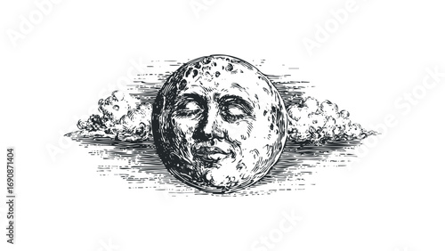 Personified moon face with closed eyes surrounded by stylized clouds. Vector hand drawn illustration