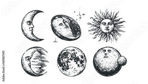 Ink drawn celestial bodies with faces moon sun on transparent background. Vector hand drawn illustration