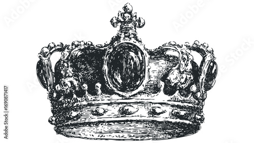 Detailed sketch of a royal crown with jewel embellishments isolated on white. Vector hand drawn illustration