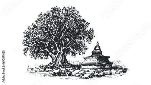 Pencil sketch of a lush tree next to an ancient stupa structure. Vector hand drawn illustration