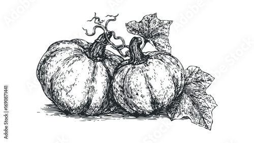 Two Pumpkins with Vines and Leaf Engraved Style. Vector hand drawn illustration