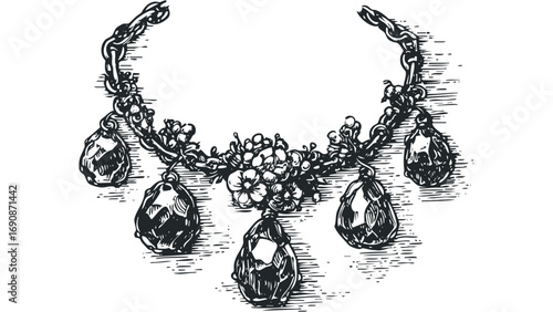 Ornate necklace with faceted gems and floral accents. Vector hand drawn illustration