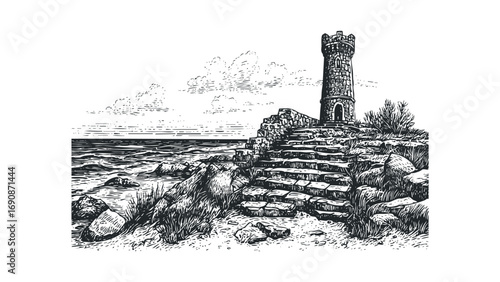 Stone Tower on Rocky Shoreline with Ocean Waves and Overcast Sky. Vector hand drawn illustration