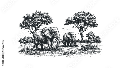 Vintage style elephant pair on transparent background. Vector hand drawn illustration
