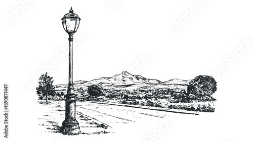 Vintage lamppost beside a road with distant mountains and trees. Vector hand drawn illustration