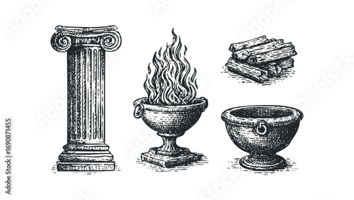 Ancient Greek stone column with burning brazier and pile of firewood. Vector hand drawn illustration
