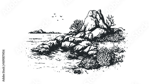 Pencil sketch of rocky shoreline with choppy water and distant islands. Vector hand drawn illustration