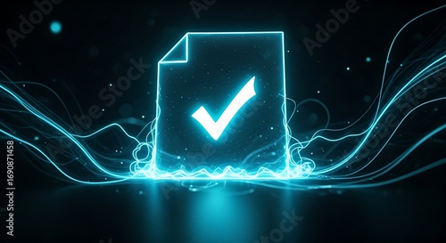 Secure Digital Document With A Futuristic Glowing Checkmark Ensures Data Validation And Compliance Easily