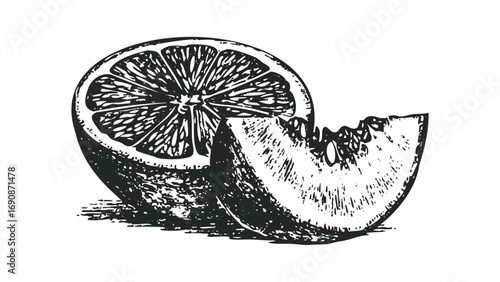 Monochromatic sketch of a sliced citrus fruit and a wedge. Vector hand drawn illustration