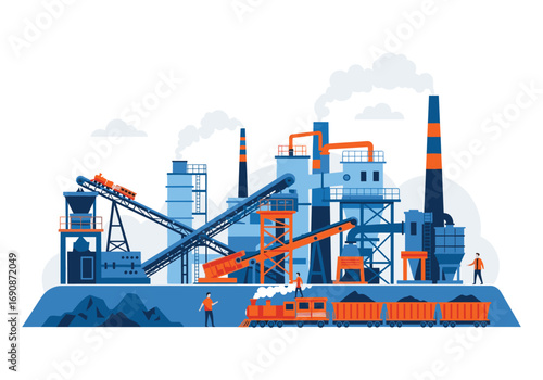 Industrial production facility with heavy machinery and logistics operations
