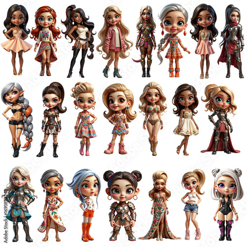 Collection of Cute 3D Cartoon Girls in Fashionable Outfits and Fantasy Costumes